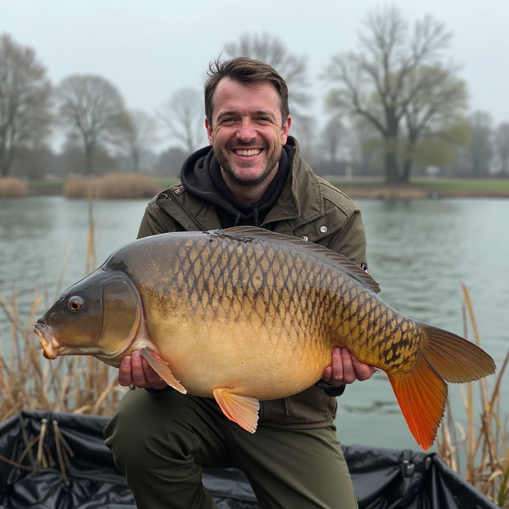 Pescatore che mostra una carpa catturata durante il torneo